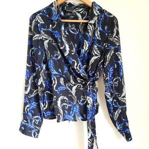 COVINGTON Fitted Wrap Shirt long sleeve top black blue Pattern Y2K Size M